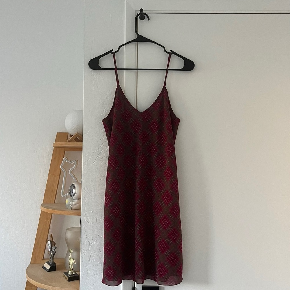 Burgundy and Brown Plaid Mini Slip Dress